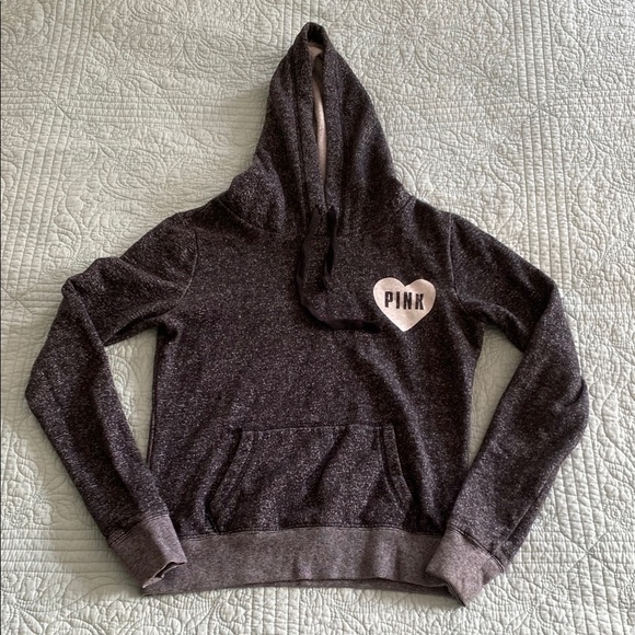 PINK Victoria's Secret Black and Gray Pullover Hoodie with Heart Detail - Picture 1 of 3